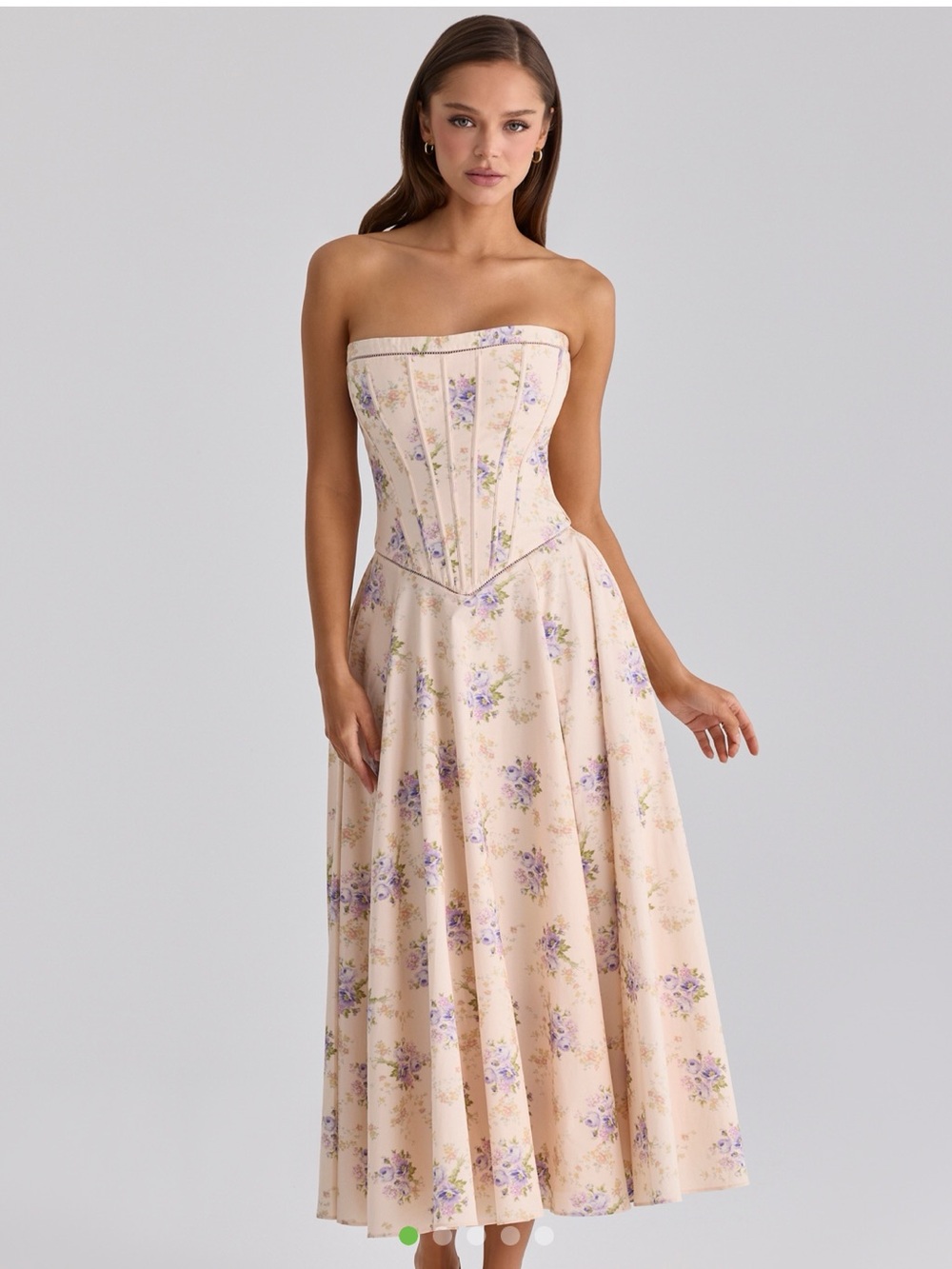 House of CB Strapless Floral Corset Midi Dress - Cream with Lavender - Size S